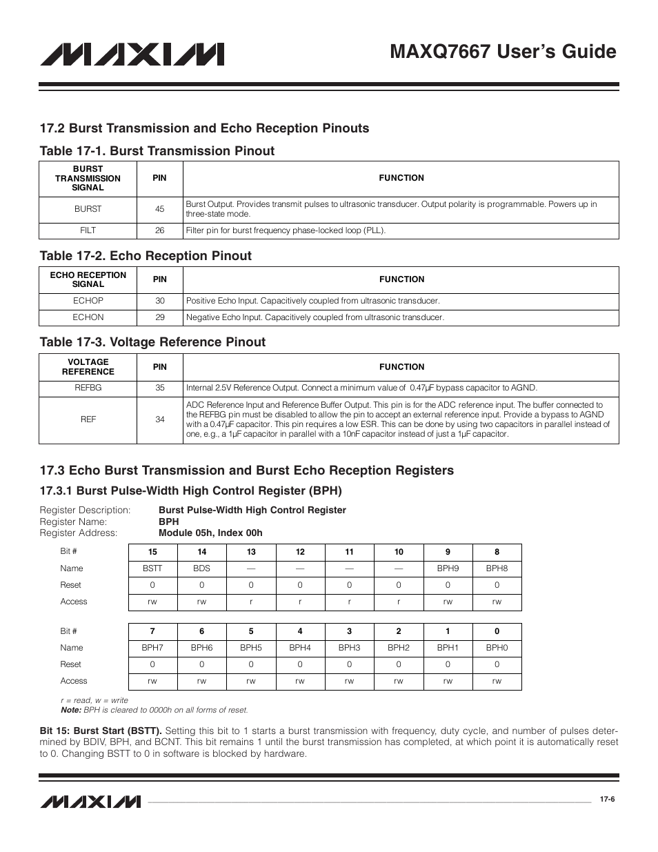 2 burst transmission and, 3 echo burst transmission, 1 burst pulse-width hig | 2 burst transmission and echo reception pinouts -6, 1 burst pulse-width high control register (bph) -6, Table 17-1. burst transmission pinout -6, Table 17-2. echo reception pinout -6, Table 17-3. voltage reference pinout -6, Maxq7667 user’s guide, 1 burst pulse-width high control register (bph) | Maxim Integrated MAXQ7667 User Manual | Page 288 / 347