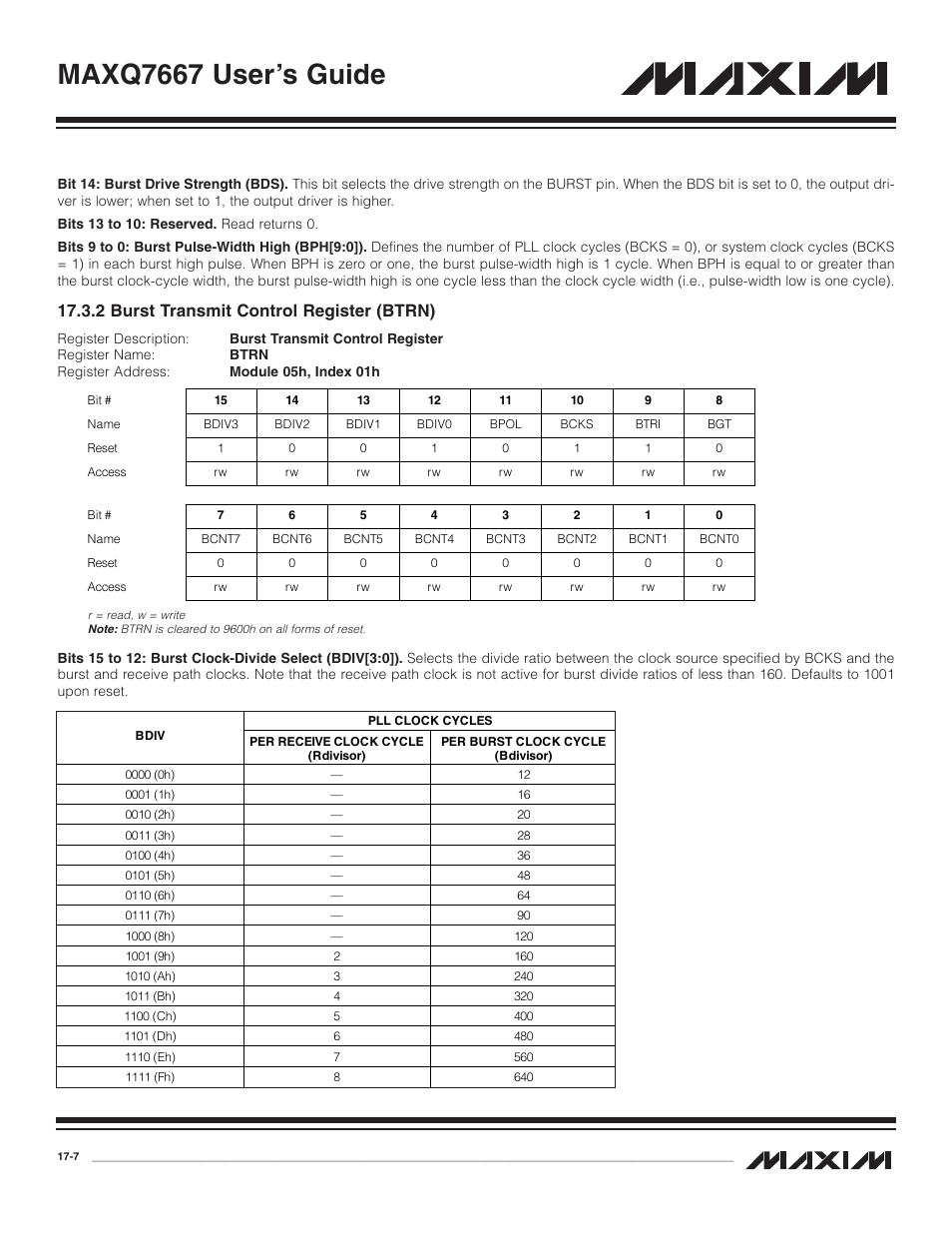 2 burst transmit contro, 2 burst transmit control register (btrn) -7, Maxq7667 user’s guide | 2 burst transmit control register (btrn) | Maxim Integrated MAXQ7667 User Manual | Page 289 / 347