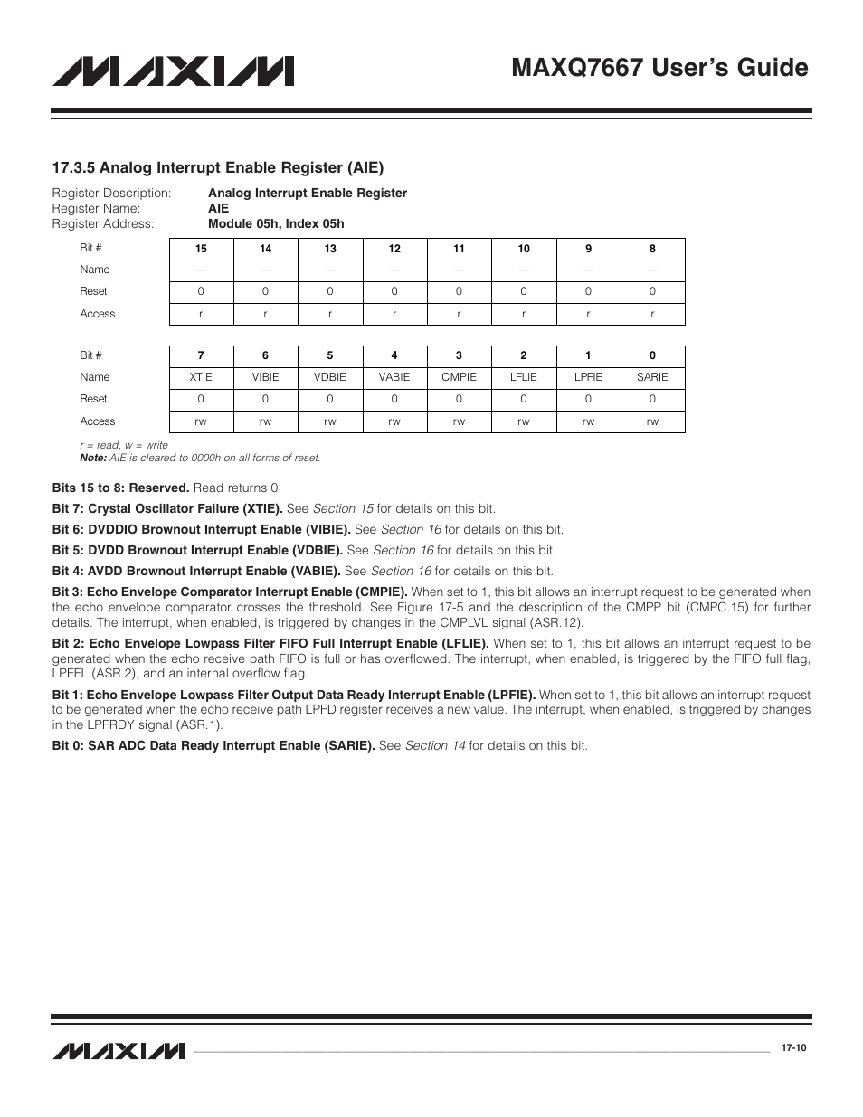 5 analog interrupt enab, 5 analog interrupt enable register (aie) -10, Maxq7667 user’s guide | 5 analog interrupt enable register (aie) | Maxim Integrated MAXQ7667 User Manual | Page 292 / 347