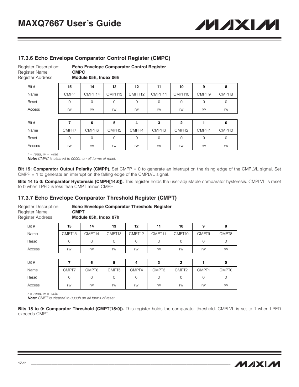 6 echo envelope compara, 7 echo envelope compara, Maxq7667 user’s guide | 6 echo envelope comparator control register (cmpc) | Maxim Integrated MAXQ7667 User Manual | Page 293 / 347