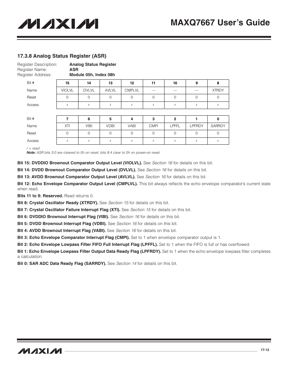 8 analog status registe, 8 analog status register (asr) -12, Maxq7667 user’s guide | 8 analog status register (asr) | Maxim Integrated MAXQ7667 User Manual | Page 294 / 347