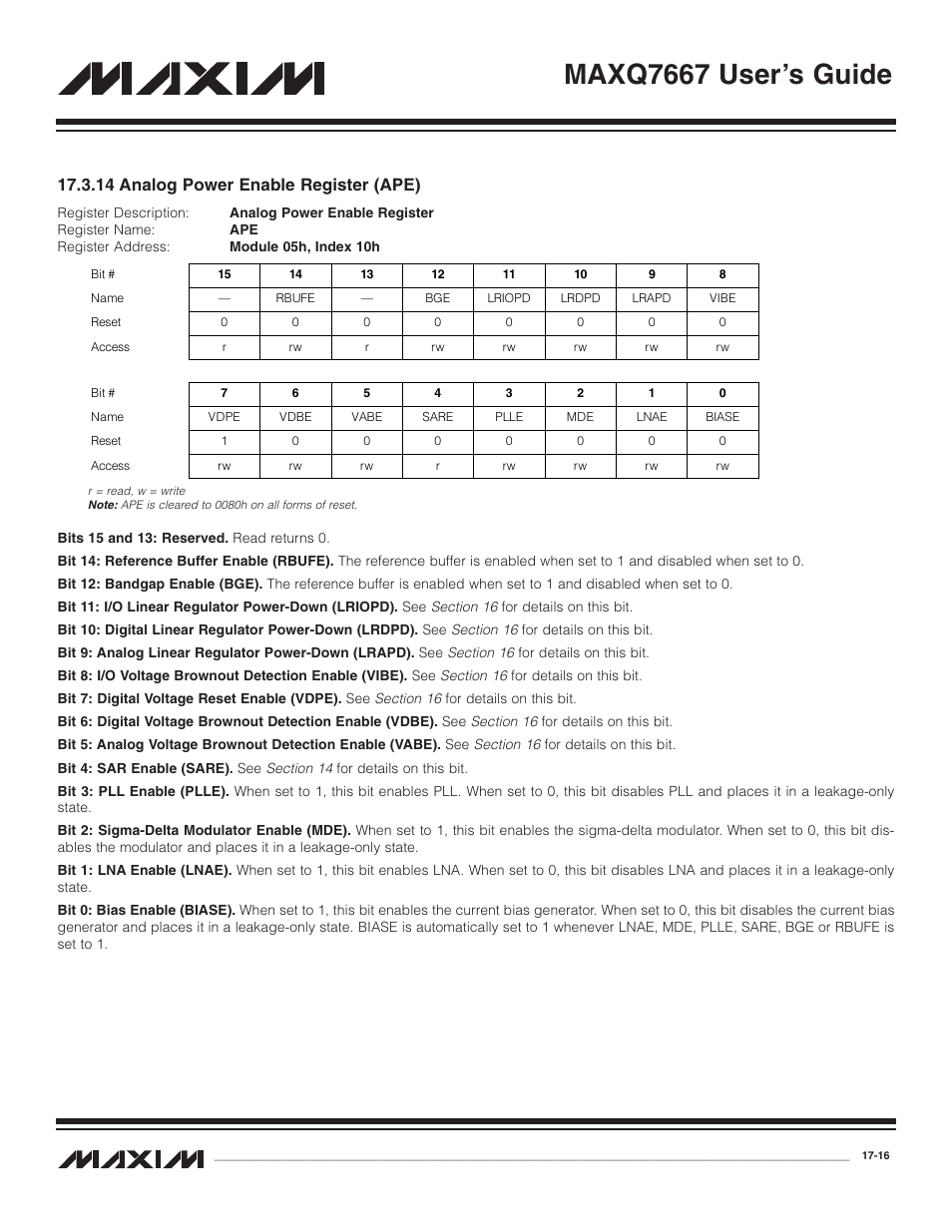 14 analog power enable, 14 analog power enable register (ape) -16, Maxq7667 user’s guide | 14 analog power enable register (ape) | Maxim Integrated MAXQ7667 User Manual | Page 298 / 347