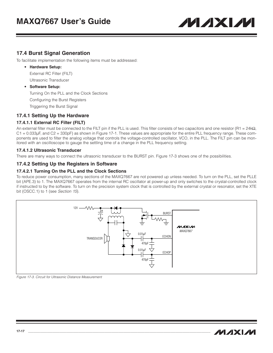 4 burst signal generation, 1 setting up the hardware, 1 external rc filter | 2 ultrasonic transducer, 2 setting up the regist, 1 turning on the pll, 4 burst signal generation -17, 1 setting up the hardware -17, 1 external rc filter (filt) -17, 2 ultrasonic transducer -17 | Maxim Integrated MAXQ7667 User Manual | Page 299 / 347