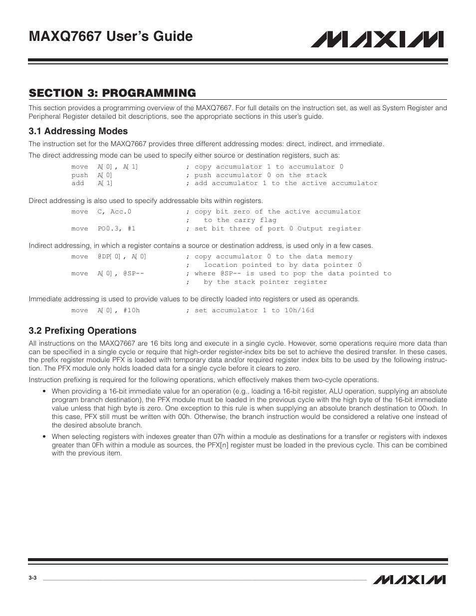 1 addressing modes, 2 prefixing operations, 1 addressing modes -3 | 2 prefixing operations -3, Maxq7667 user’s guide | Maxim Integrated MAXQ7667 User Manual | Page 30 / 347