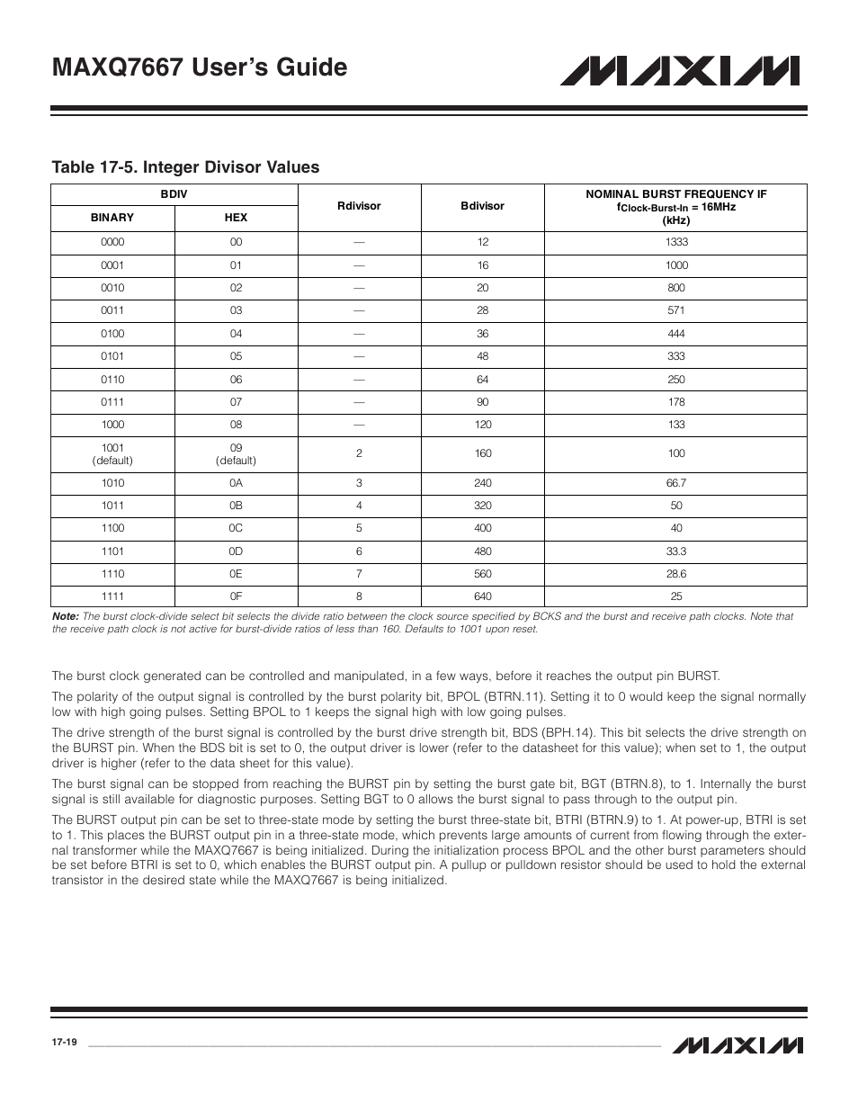 Table 17-5. integer divisor values -19, Maxq7667 user’s guide, Table 17-5. integer divisor values | Maxim Integrated MAXQ7667 User Manual | Page 301 / 347