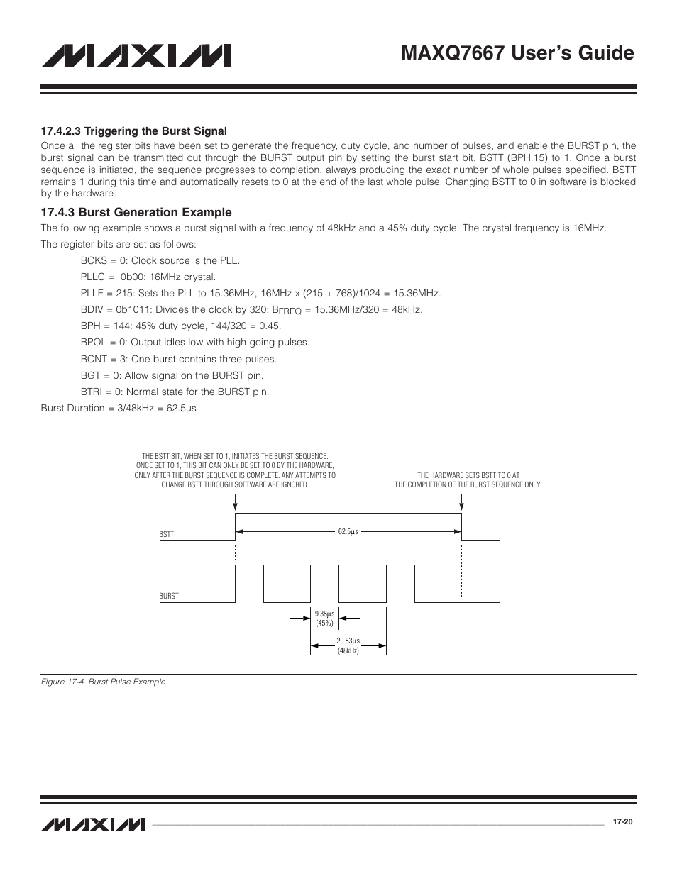 3 triggering the burs, 3 burst generation example, 3 triggering the burst signal -20 | 3 burst generation example -20, Figure 17-4. burst pulse example -20, Maxq7667 user’s guide | Maxim Integrated MAXQ7667 User Manual | Page 302 / 347