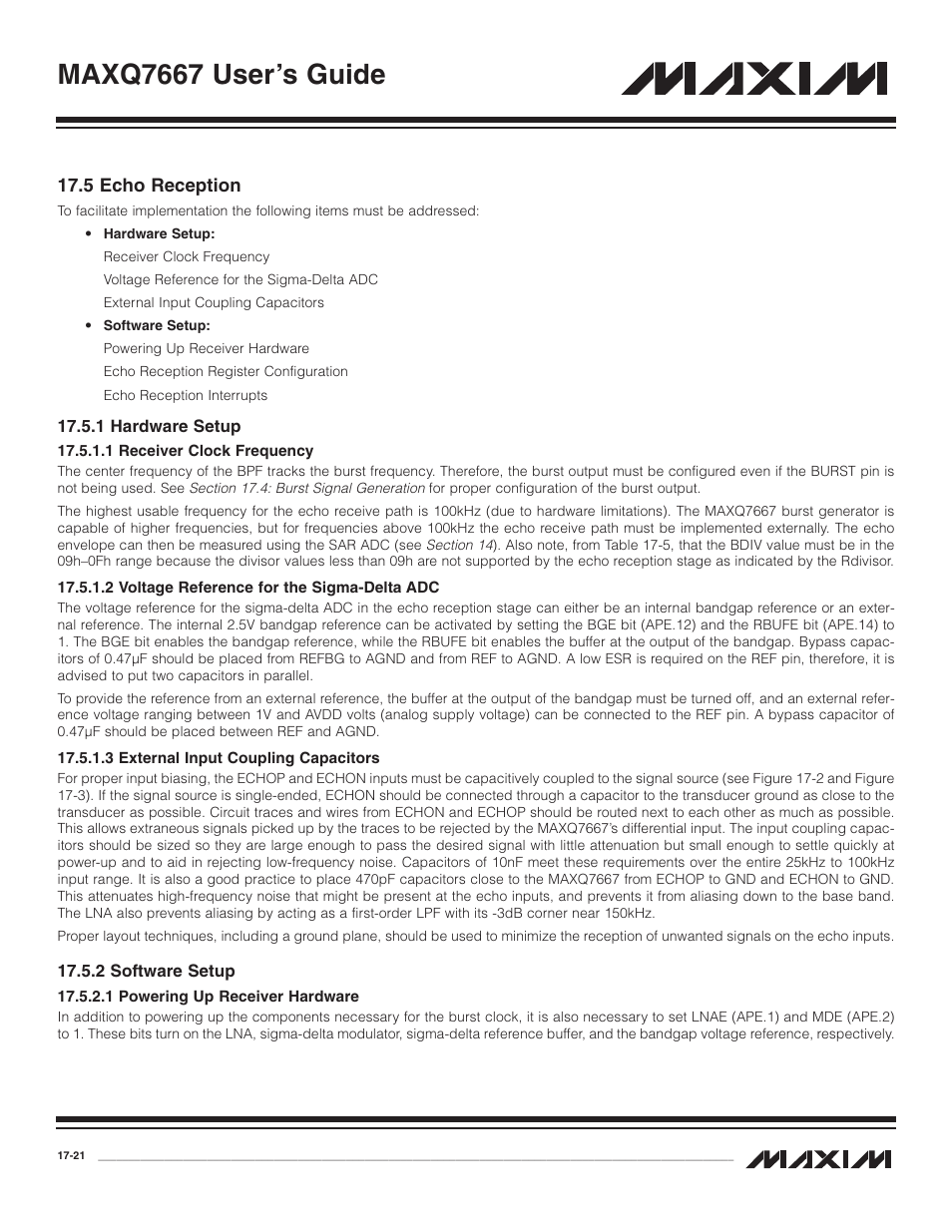5 echo reception, 1 hardware setup, 1 receiver clock freq | 2 voltage reference f, 3 external input coup, 2 software setup, 1 powering up receive, 5 echo reception -21, 1 hardware setup -21, 1 receiver clock frequency -21 | Maxim Integrated MAXQ7667 User Manual | Page 303 / 347