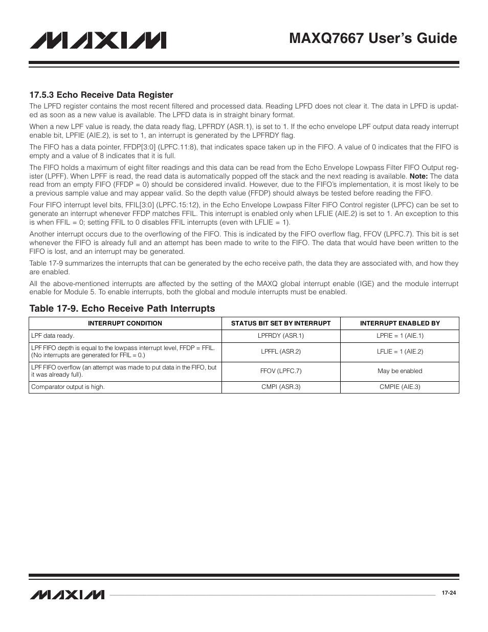3 echo receive data reg, Table 17-9. echo receive path interrupts -24, 3 echo receive data register -24 | Maxq7667 user’s guide, Table 17-9. echo receive path interrupts, 3 echo receive data register | Maxim Integrated MAXQ7667 User Manual | Page 306 / 347