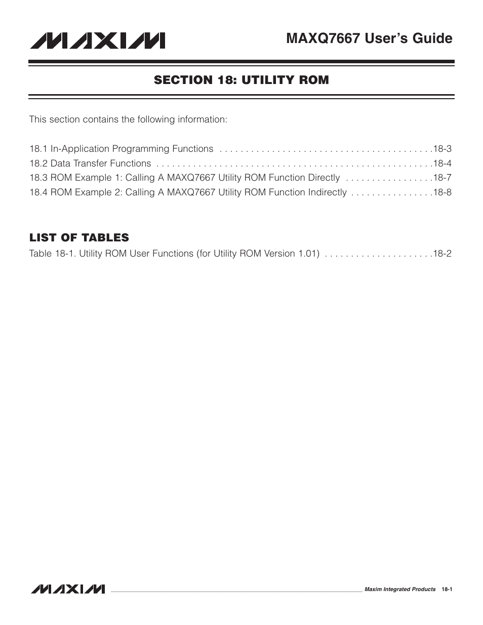 Section 18: utility rom, Section 18: utility rom -1, Maxq7667 user’s guide | Maxim Integrated MAXQ7667 User Manual | Page 307 / 347