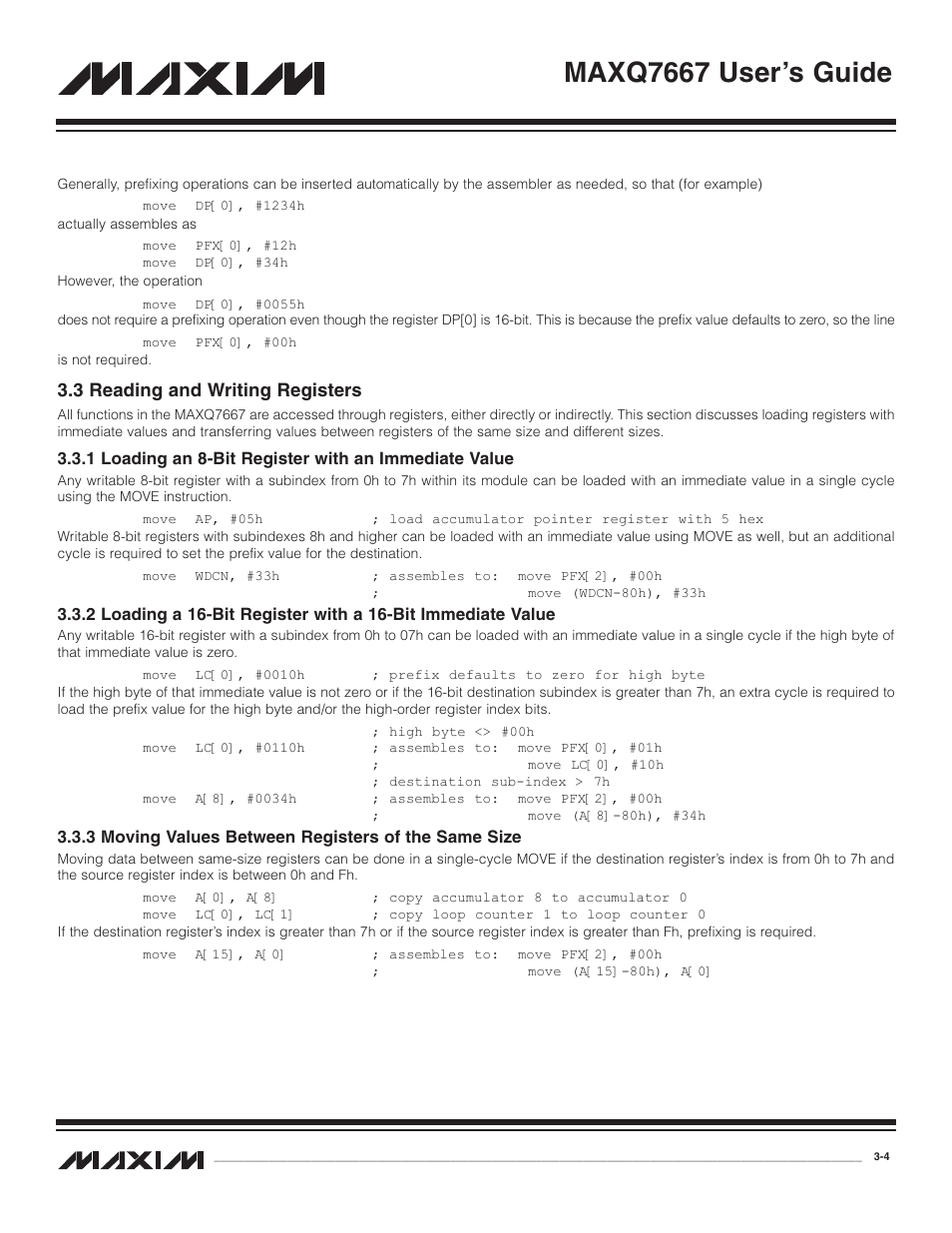 3 reading and writing regi, 1 loading an 8-bit regis, 2 loading a 16-bit regis | 3 moving values between, 3 reading and writing registers -4, Maxq7667 user’s guide, 3 reading and writing registers | Maxim Integrated MAXQ7667 User Manual | Page 31 / 347