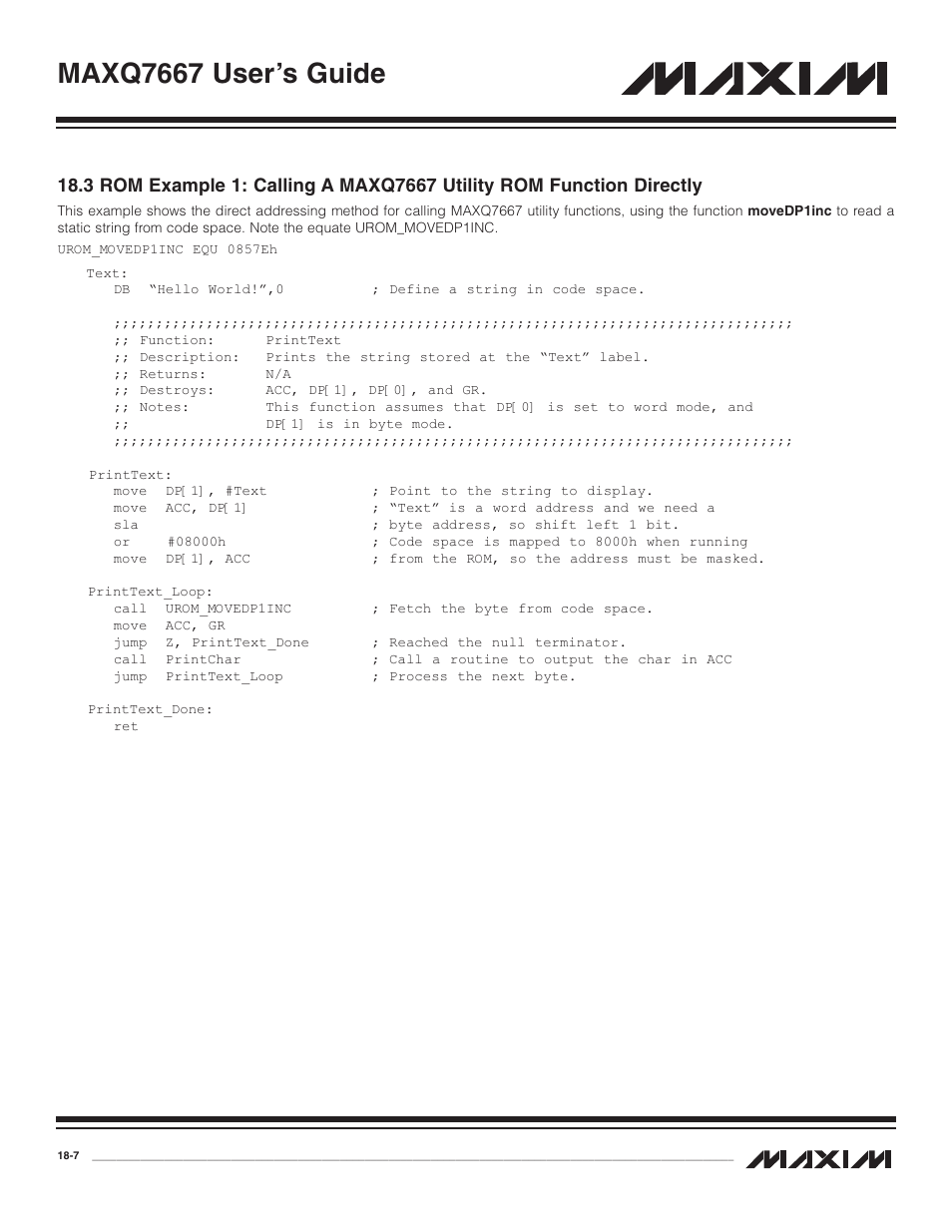 3 rom example 1: calling, Maxq7667 user’s guide | Maxim Integrated MAXQ7667 User Manual | Page 313 / 347