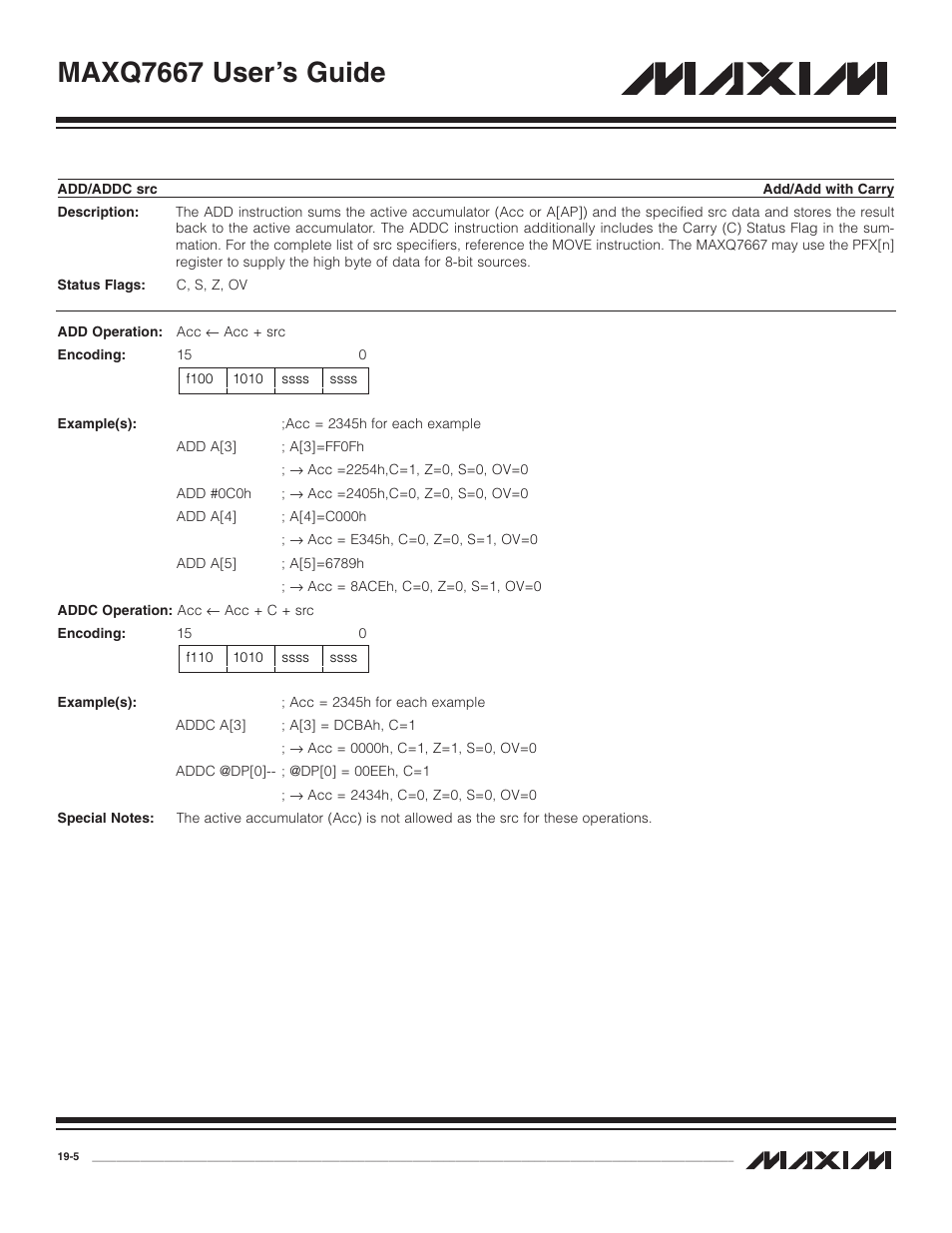Add/addc src, Add/addc src -5, Maxq7667 user’s guide | Maxim Integrated MAXQ7667 User Manual | Page 319 / 347