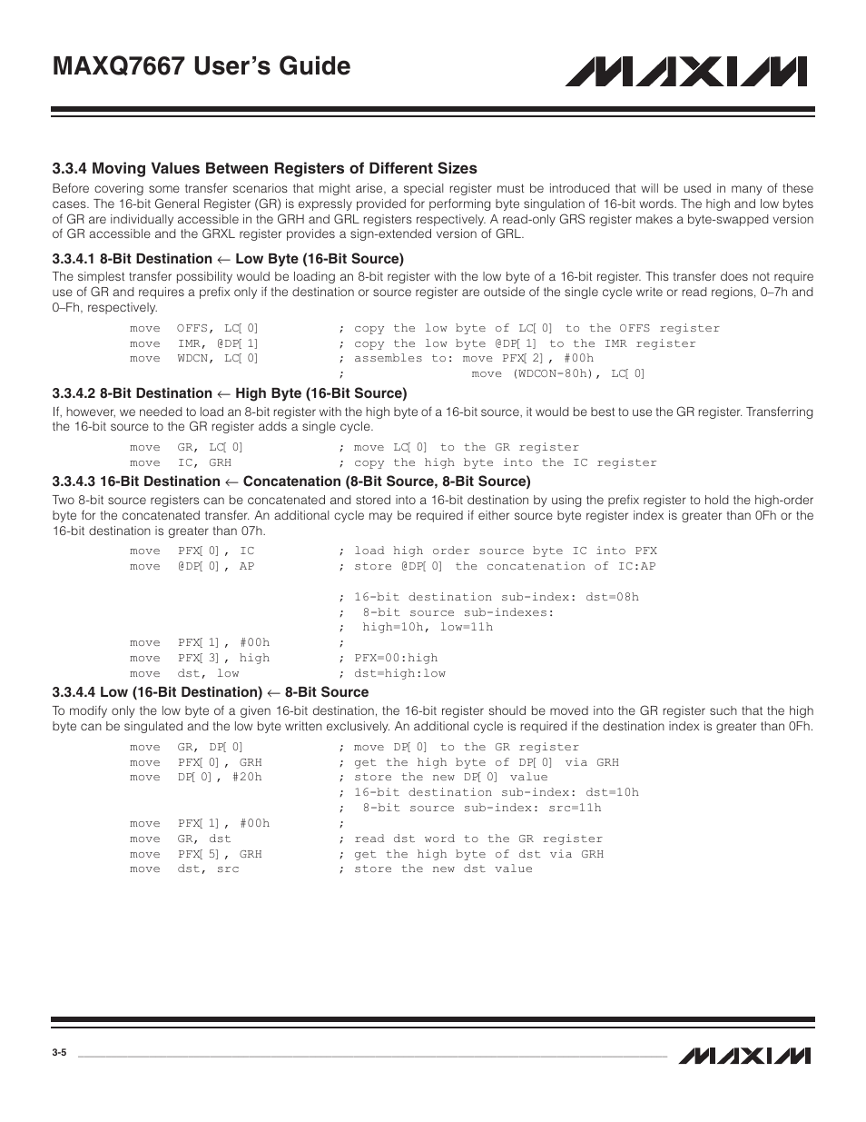 4 moving values between, 1 8-bit destination, 2 8-bit destination | 3 16-bit destination, 4 low (16-bit destinat, Low byte (16-bit source) -5, High byte (16-bit source) -5, Concatenation (8-bit source, 8-bit source) -5, 4 low (16-bit destination), Bit source -5 | Maxim Integrated MAXQ7667 User Manual | Page 32 / 347
