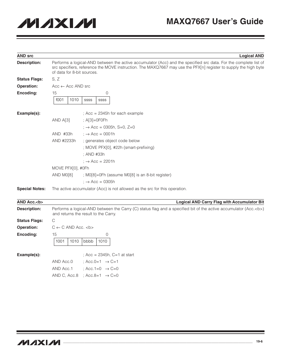 And src, And acc.<b, And src -6 | And acc.<b> -6, Maxq7667 user’s guide | Maxim Integrated MAXQ7667 User Manual | Page 320 / 347