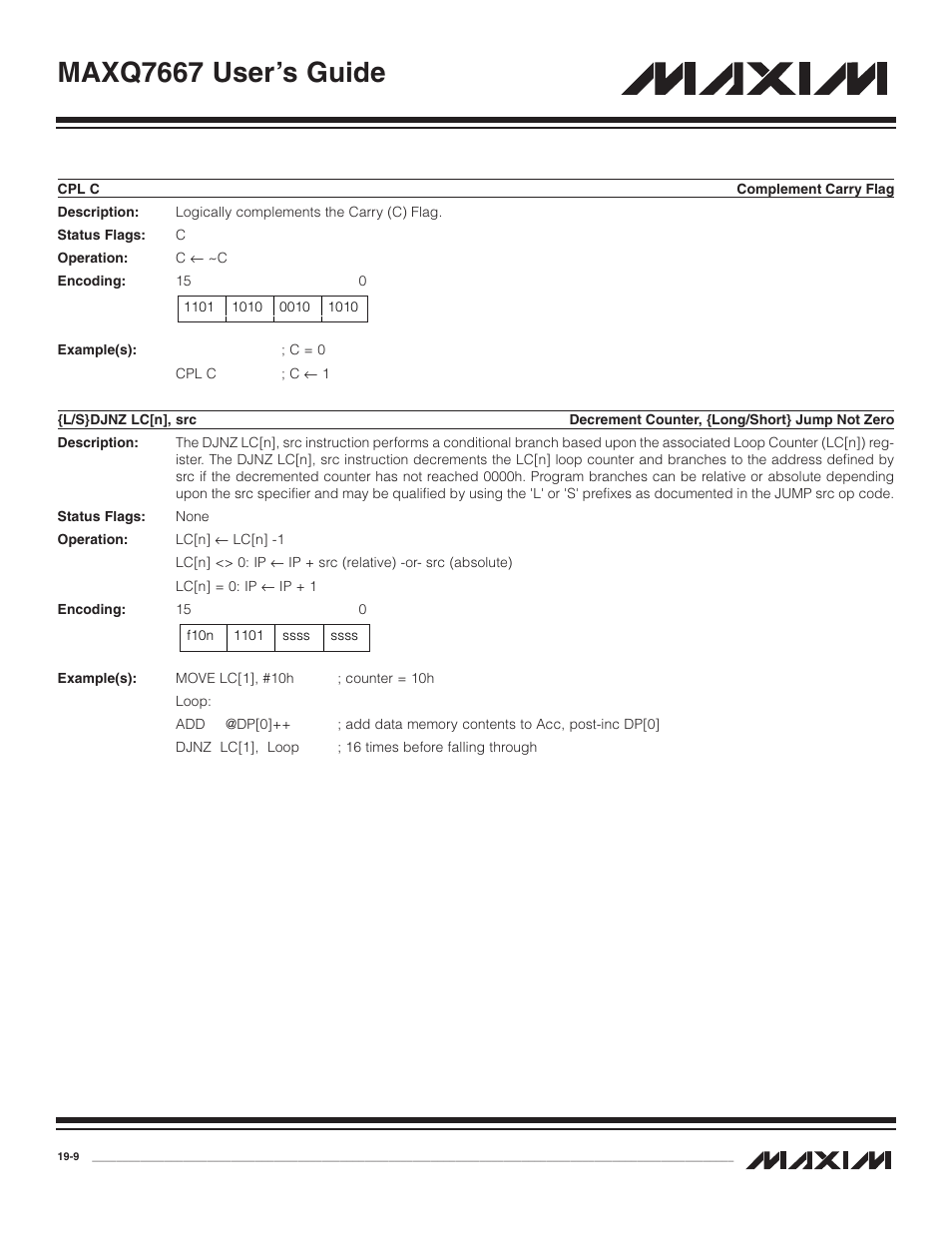 Cpl c, L/s}djnz lc[n], src, Cpl c -9 | L/s}djnz lc[n], src -9, Maxq7667 user’s guide | Maxim Integrated MAXQ7667 User Manual | Page 323 / 347