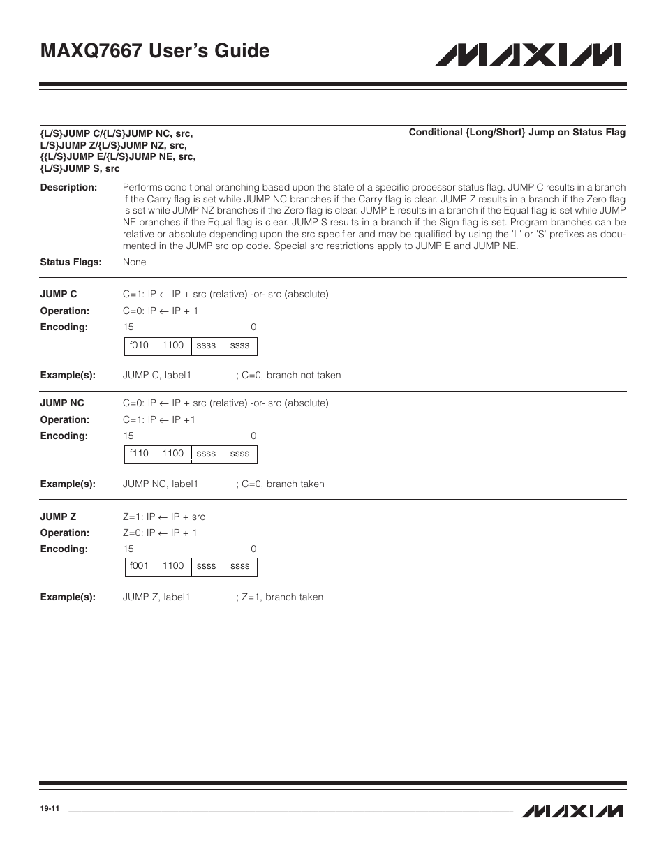 L/s}jump c/{l/s}jump nc, sr, L/s}jump e/{l/s}jump ne, src, {l/s}jump s, src -11, Maxq7667 user’s guide | Maxim Integrated MAXQ7667 User Manual | Page 325 / 347