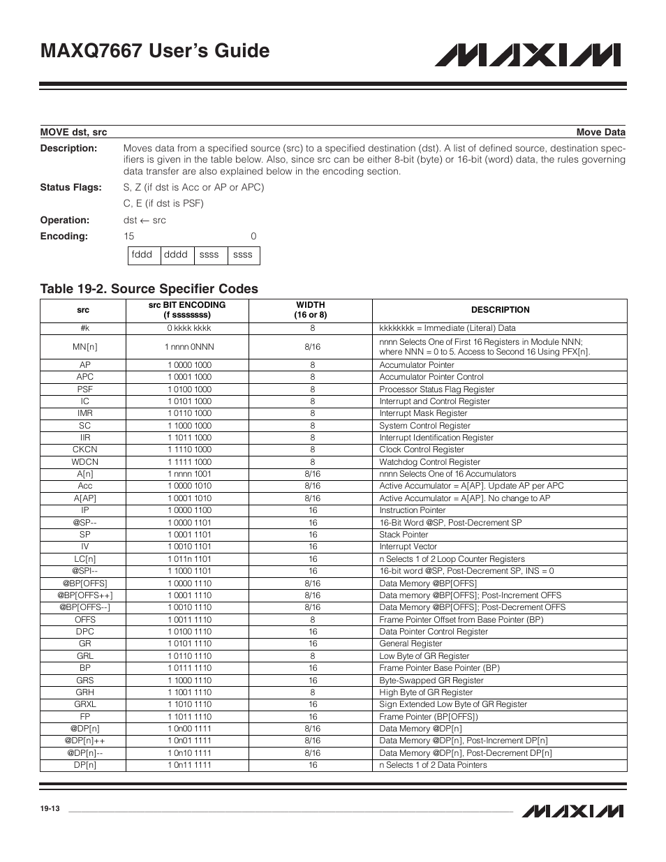 Move dst, src, Move dst, src -13, Table 19-2. source specifier codes -13 | Maxq7667 user’s guide, Table 19-2. source specifier codes | Maxim Integrated MAXQ7667 User Manual | Page 327 / 347