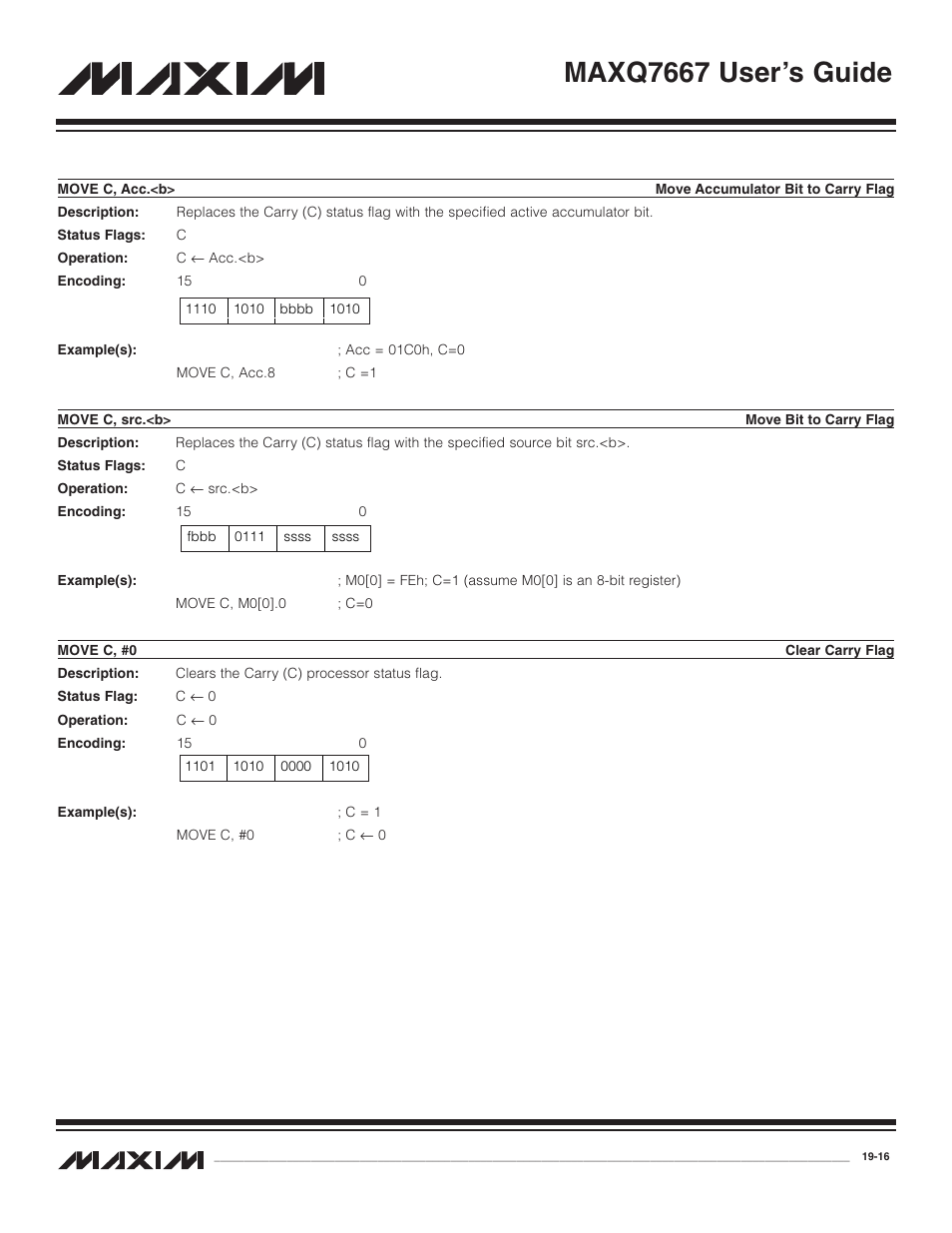 Move c, acc.<b, Move c, src.<b, Move c, #0 | Move c, acc.<b> -16, Move c, src.<b> -16, Move c, #0 -16, Maxq7667 user’s guide | Maxim Integrated MAXQ7667 User Manual | Page 330 / 347