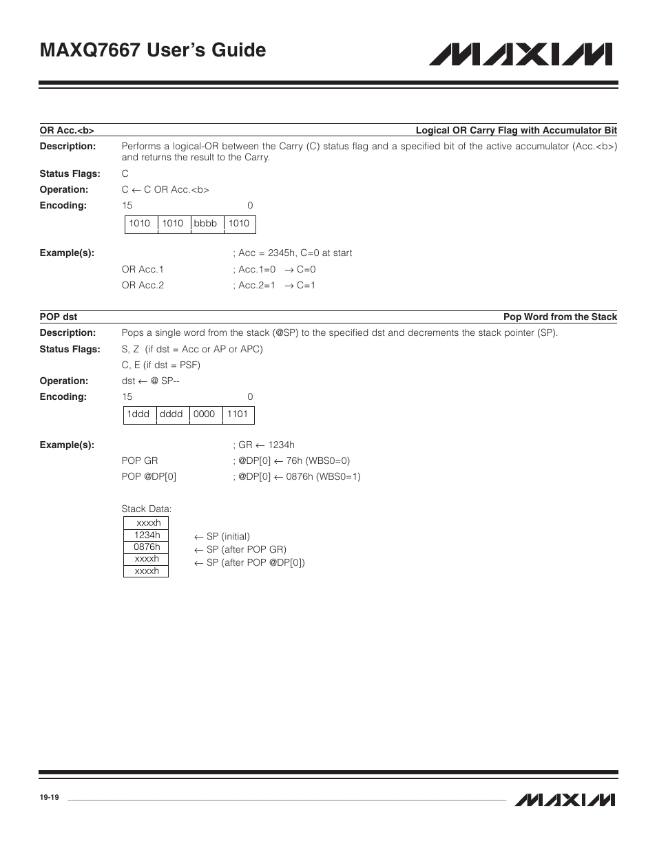 Or acc.<b, Pop dst, Or acc.<b> -19 | Pop dst -19, Maxq7667 user’s guide | Maxim Integrated MAXQ7667 User Manual | Page 333 / 347