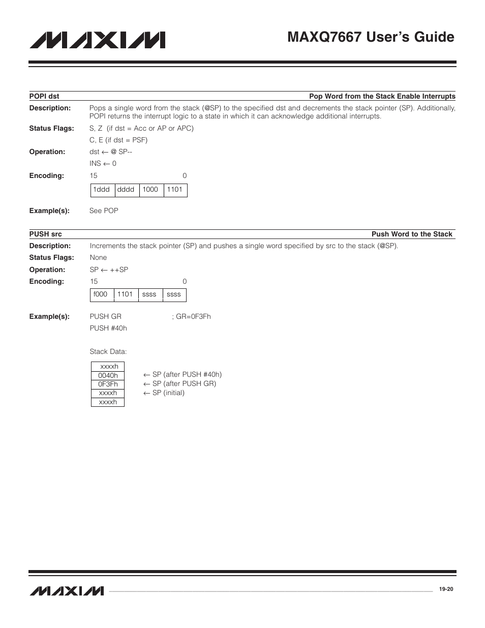 Popi dst, Push src, Popi dst -20 | Push src -20, Maxq7667 user’s guide | Maxim Integrated MAXQ7667 User Manual | Page 334 / 347