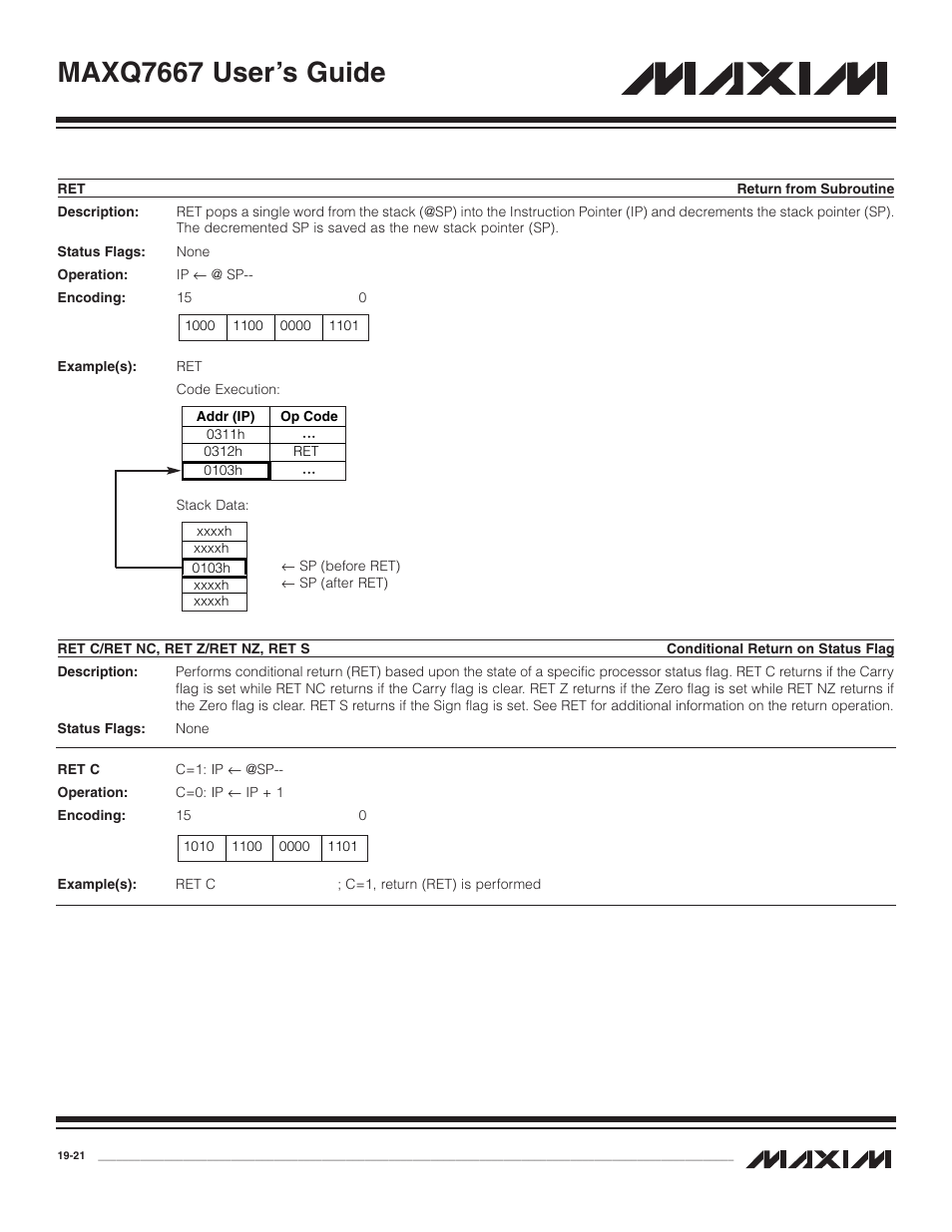 Ret c/ret nc, ret z/ret nz, Ret -21, Ret c/ret nc, ret z/ret nz, ret s -21 | Maxq7667 user’s guide | Maxim Integrated MAXQ7667 User Manual | Page 335 / 347