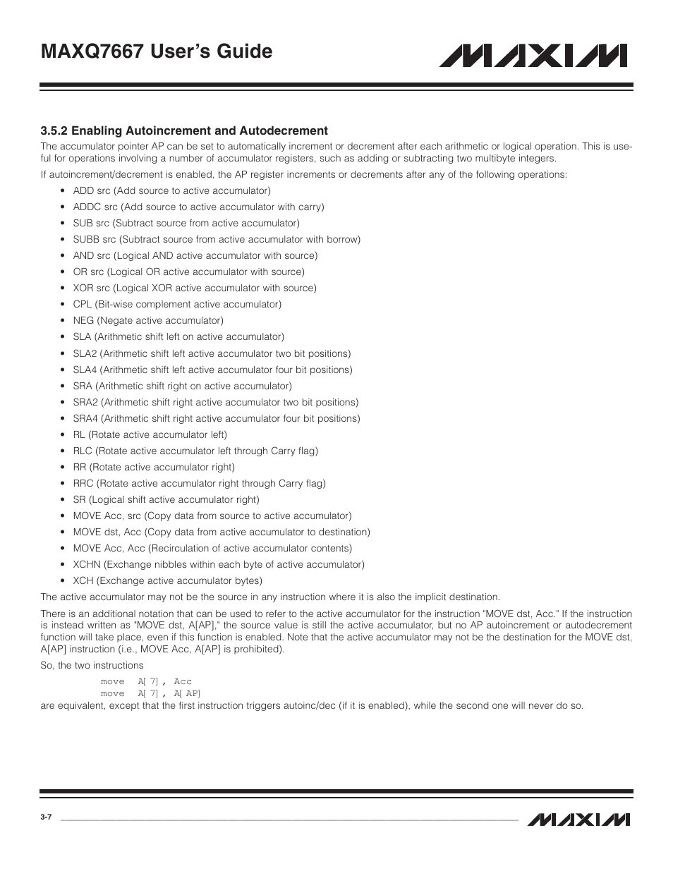 2 enabling autoincrement, 2 enabling autoincrement and autodecrement -7, Maxq7667 user’s guide | Maxim Integrated MAXQ7667 User Manual | Page 34 / 347