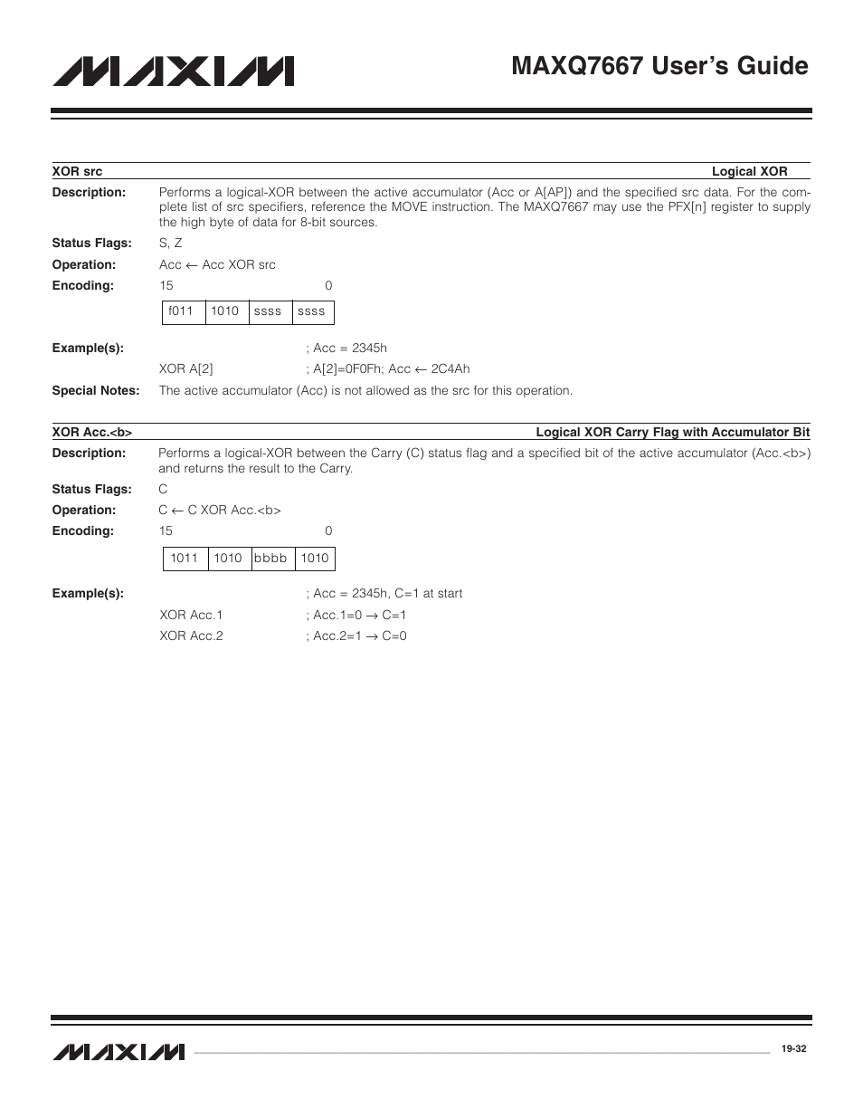 Xor src, Xor acc.<b, Xor src -32 | Xor acc.<b> -32, Maxq7667 user’s guide | Maxim Integrated MAXQ7667 User Manual | Page 346 / 347