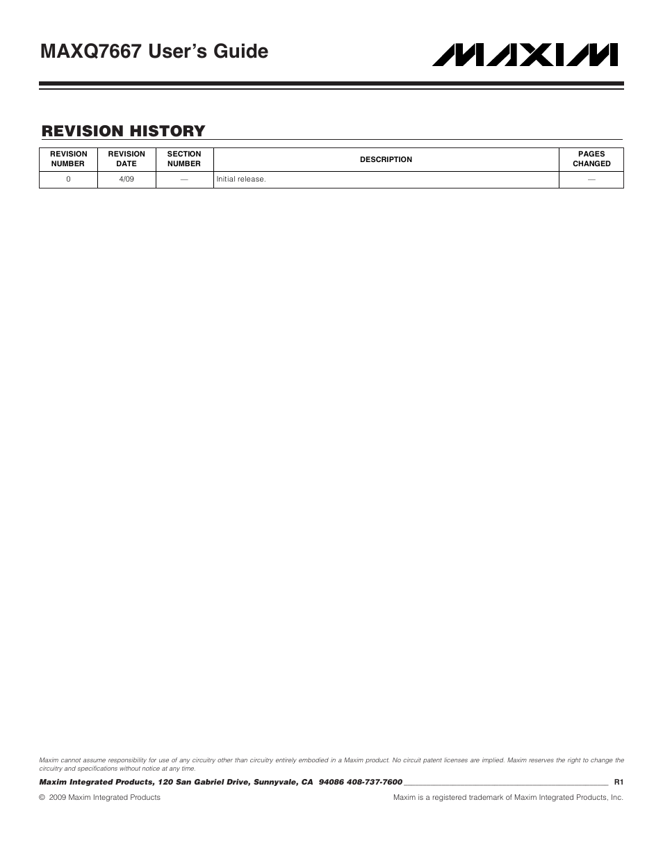 Revision history, Maxq7667 user’s guide | Maxim Integrated MAXQ7667 User Manual | Page 347 / 347