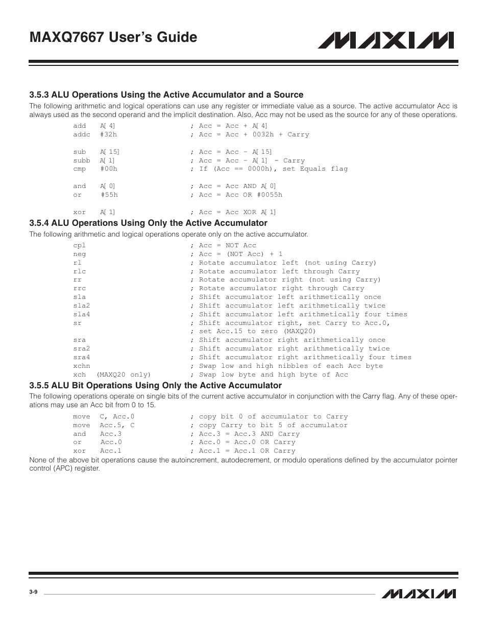 3 alu operations using t, 4 alu operations using o, 5 alu bit operations usi | Maxq7667 user’s guide | Maxim Integrated MAXQ7667 User Manual | Page 36 / 347