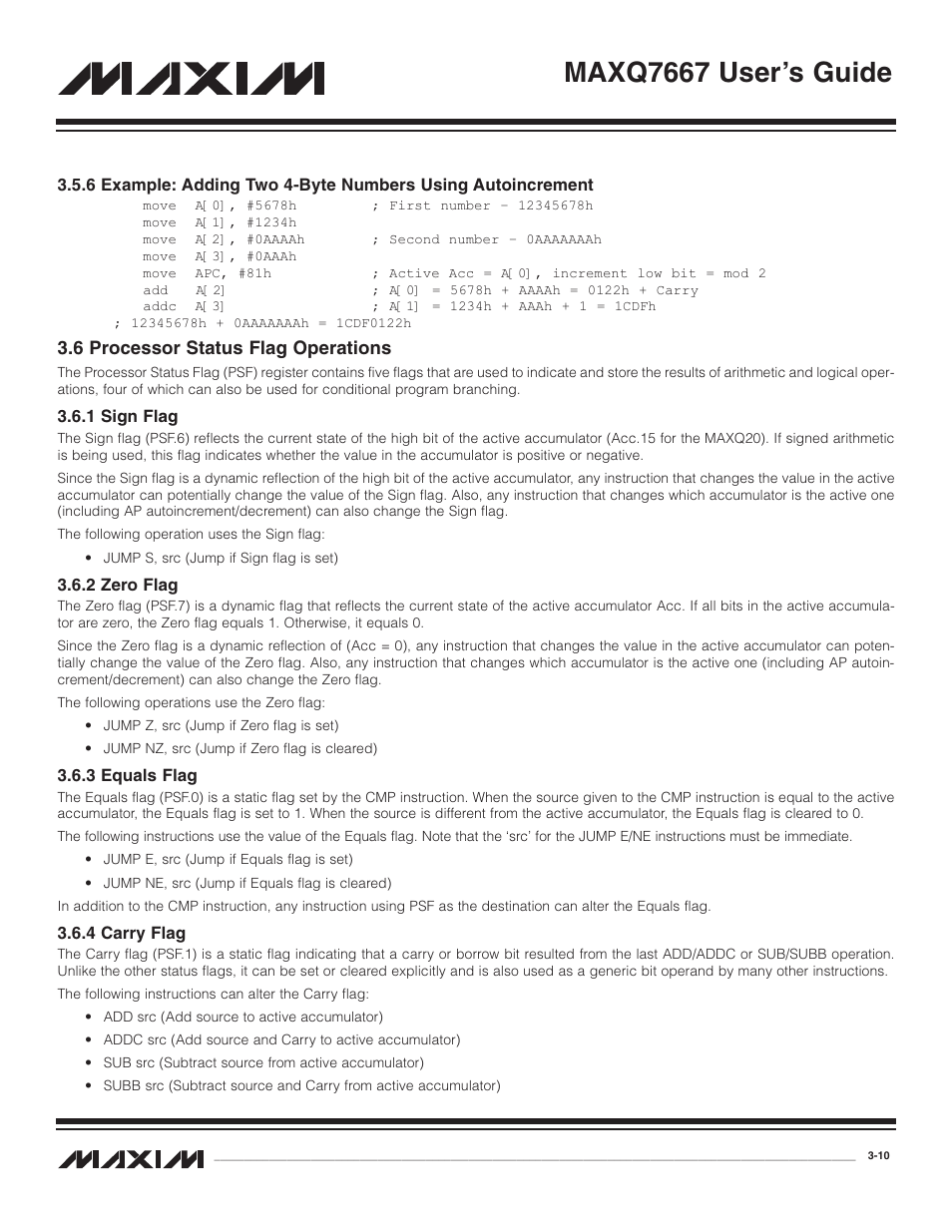 6 example: adding two 4, 6 processor status flag op, 1 sign flag | 2 zero flag, 3 equals flag, 4 carry flag, 6 processor status flag operations -10, 1 sign flag -10, 2 zero flag -10, 3 equals flag -10 | Maxim Integrated MAXQ7667 User Manual | Page 37 / 347