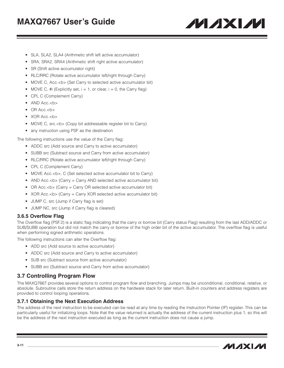 5 overflow flag, 7 controlling program flow, 1 obtaining the next exe | 5 overflow flag -11, 7 controlling program flow -11, 1 obtaining the next execution address -11, Maxq7667 user’s guide | Maxim Integrated MAXQ7667 User Manual | Page 38 / 347