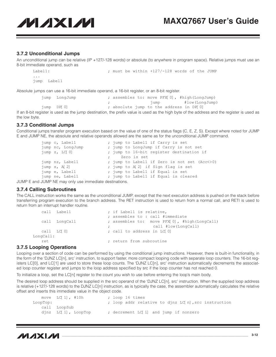 2 unconditional jumps, 3 conditional jumps, 4 calling subroutines | 5 looping operations, 2 unconditional jumps -12, 3 conditional jumps -12, 4 calling subroutines -12, 5 looping operations -12, Maxq7667 user’s guide | Maxim Integrated MAXQ7667 User Manual | Page 39 / 347