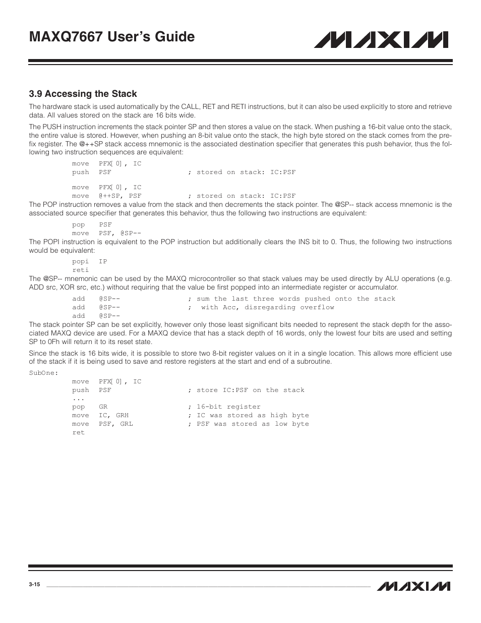 9 accessing the stack, 9 accessing the stack -15, Maxq7667 user’s guide | Maxim Integrated MAXQ7667 User Manual | Page 42 / 347