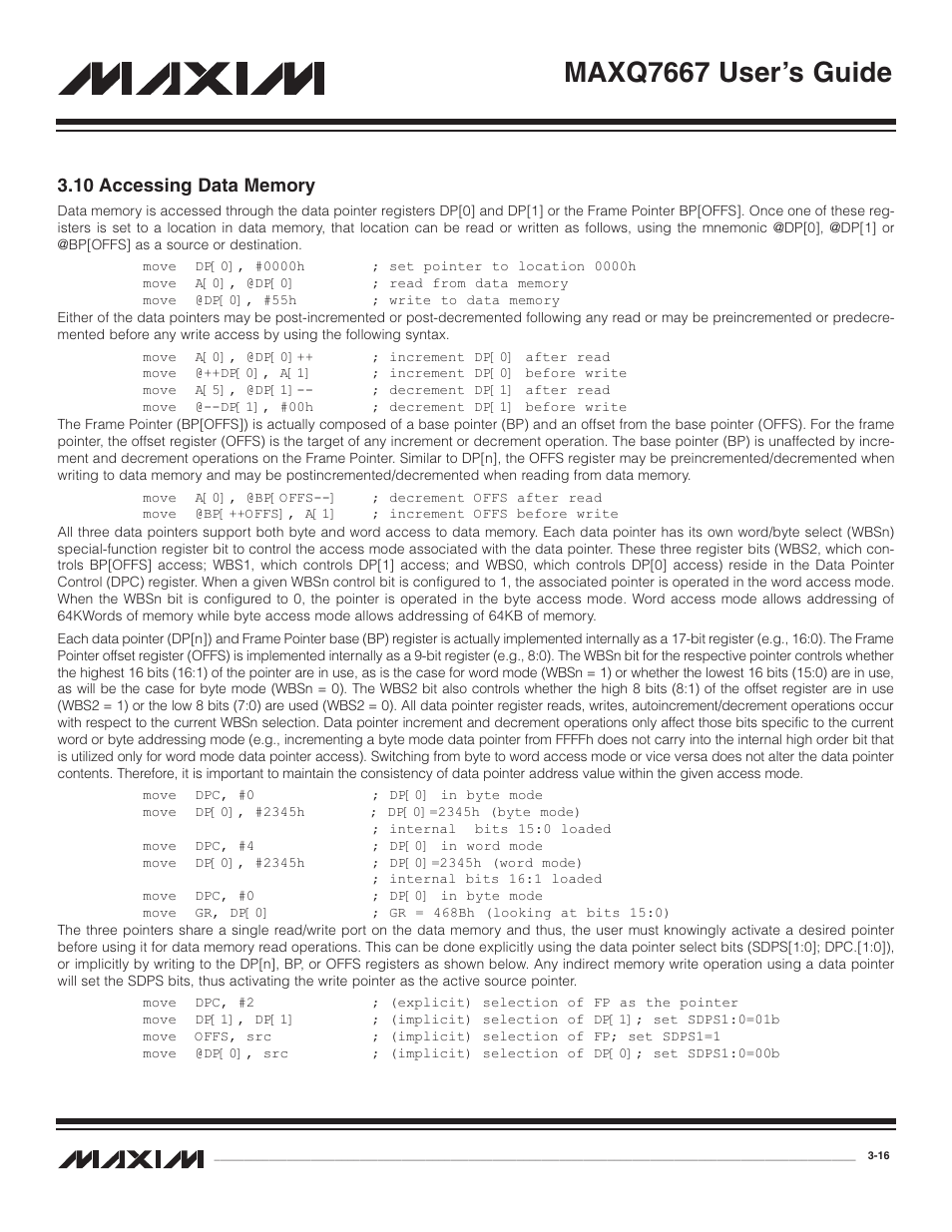 10 accessing data memory, 10 accessing data memory -16, Maxq7667 user’s guide | Maxim Integrated MAXQ7667 User Manual | Page 43 / 347