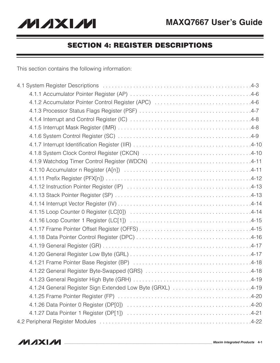 Section 4: register descriptions, Section 4: register descriptions -1, Maxq7667 user’s guide | Maxim Integrated MAXQ7667 User Manual | Page 45 / 347