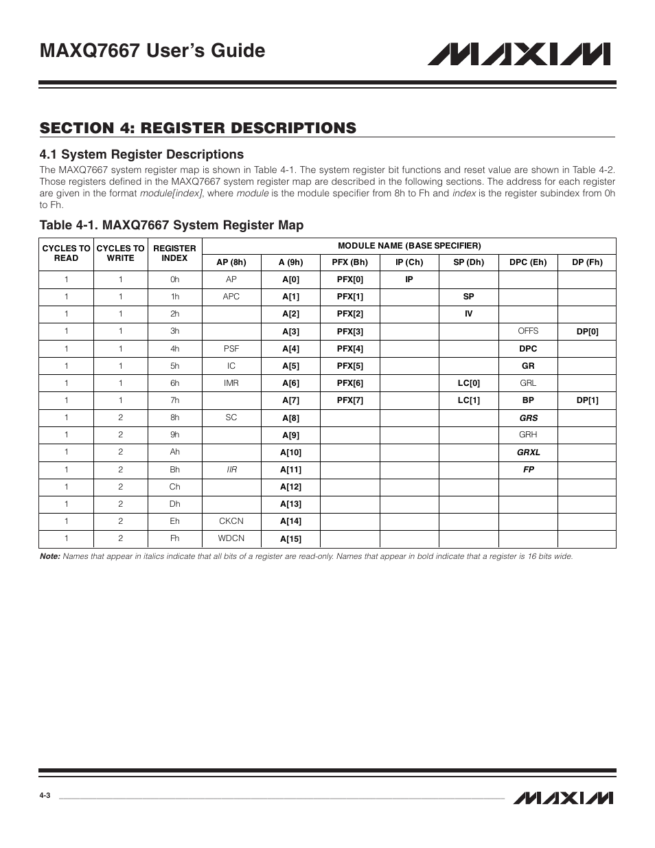 1 system register descript, 1 system register descriptions -3, Table 4-1. maxq7667 system register map -3 | Maxq7667 user’s guide, 1 system register descriptions | Maxim Integrated MAXQ7667 User Manual | Page 47 / 347