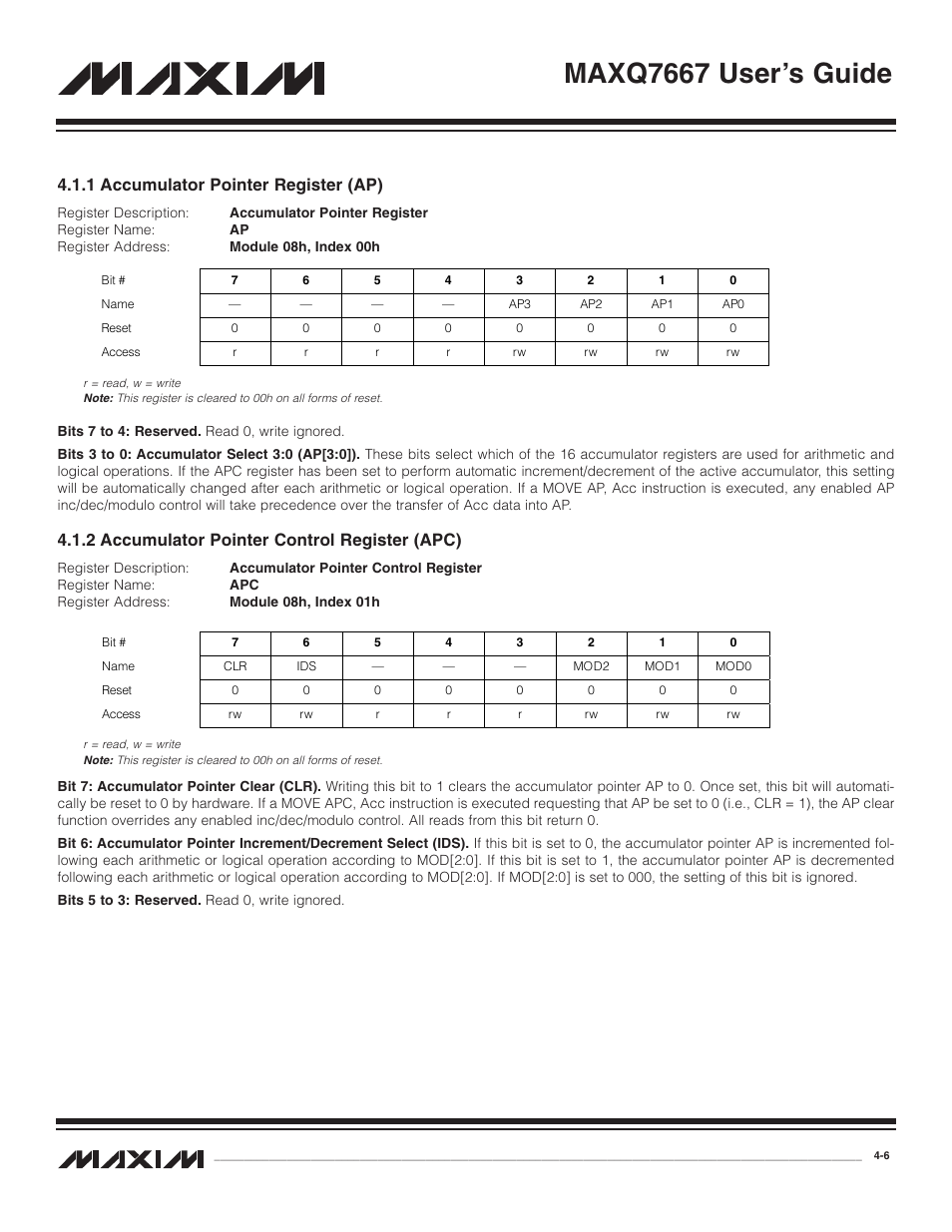 1 accumulator pointer re, 2 accumulator pointer co, 1 accumulator pointer register (ap) -6 | 2 accumulator pointer control register (apc) -6, Maxq7667 user’s guide, 1 accumulator pointer register (ap), 2 accumulator pointer control register (apc) | Maxim Integrated MAXQ7667 User Manual | Page 50 / 347