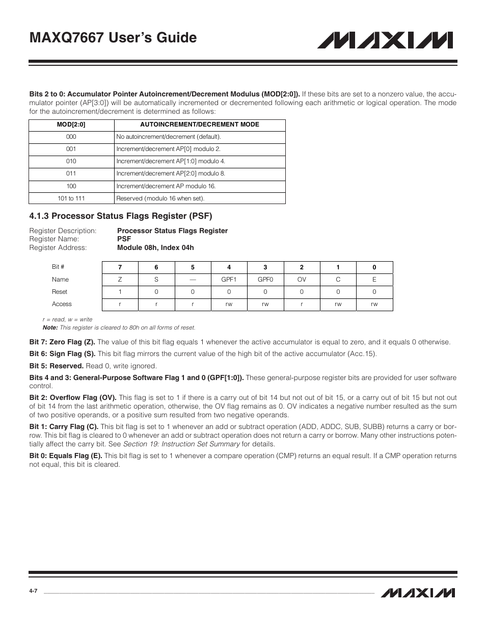 3 processor status flags, 3 processor status flags register (psf) -7, Maxq7667 user’s guide | 3 processor status flags register (psf) | Maxim Integrated MAXQ7667 User Manual | Page 51 / 347