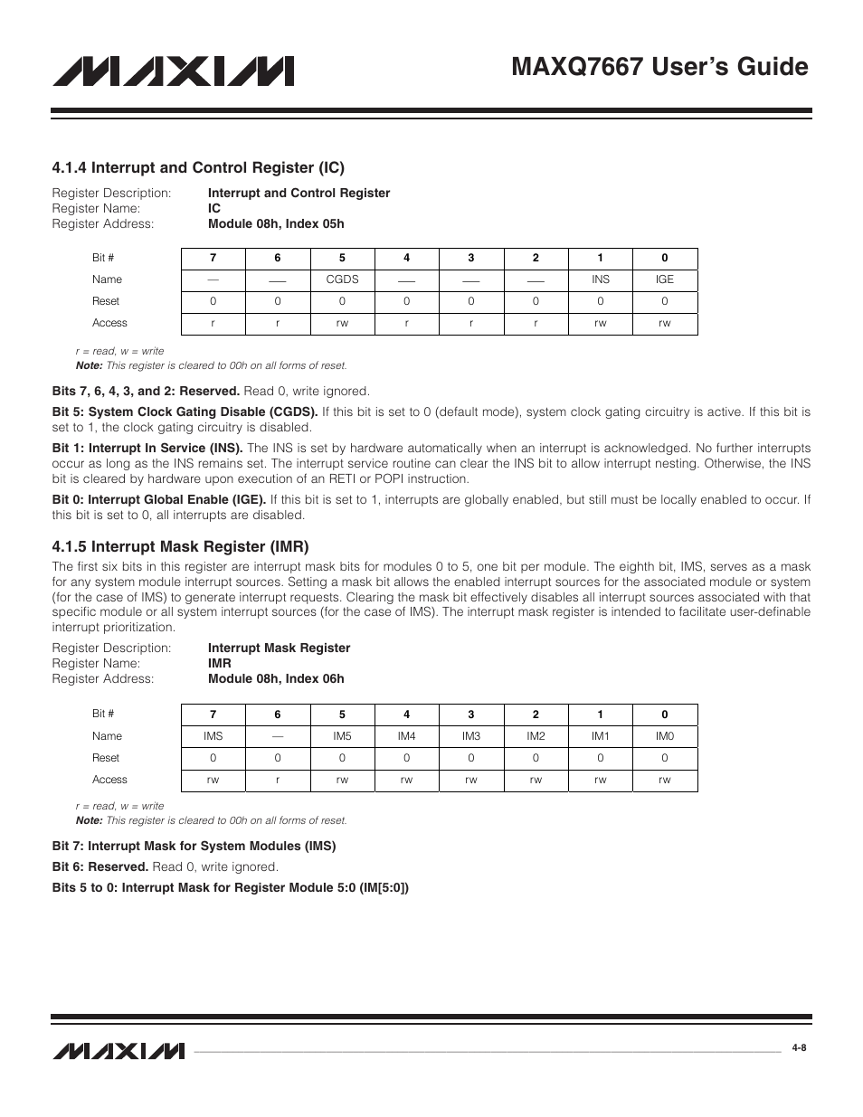 4 interrupt and control, 5 interrupt mask registe, 4 interrupt and control register (ic) -8 | 5 interrupt mask register (imr) -8, Maxq7667 user’s guide, 4 interrupt and control register (ic), 5 interrupt mask register (imr) | Maxim Integrated MAXQ7667 User Manual | Page 52 / 347