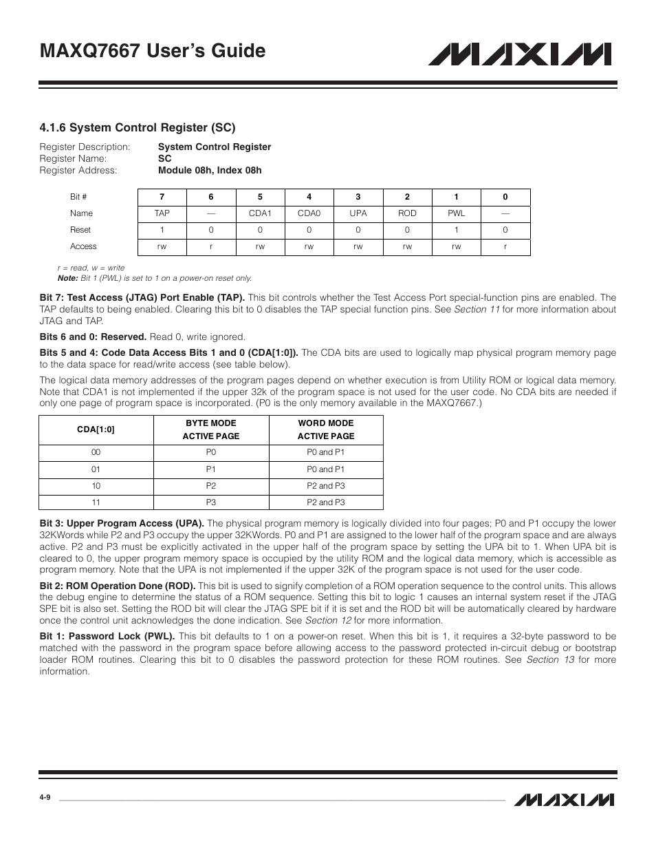 6 system control registe, 6 system control register (sc) -9, Maxq7667 user’s guide | 6 system control register (sc) | Maxim Integrated MAXQ7667 User Manual | Page 53 / 347