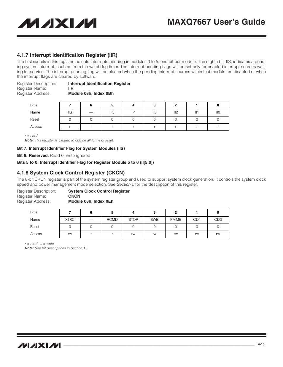 7 interrupt identificati, 8 system clock control r, 7 interrupt identification register (iir) -10 | 8 system clock control register (ckcn) -10, Maxq7667 user’s guide, 7 interrupt identification register (iir), 8 system clock control register (ckcn) | Maxim Integrated MAXQ7667 User Manual | Page 54 / 347