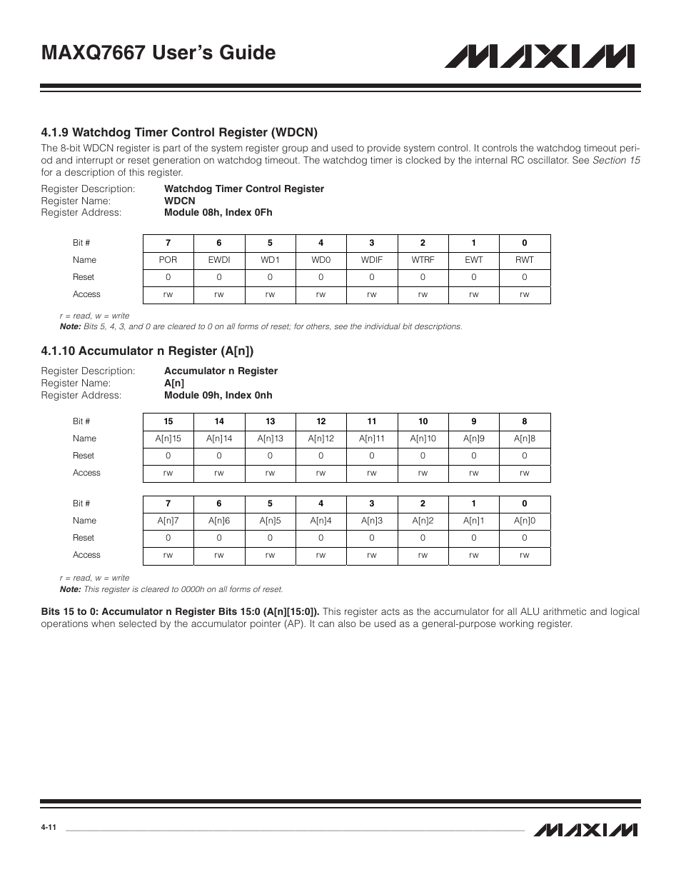9 watchdog timer control, 10 accumulator n registe, 9 watchdog timer control register (wdcn) -11 | 10 accumulator n register (a[n]) -11, Maxq7667 user’s guide, 9 watchdog timer control register (wdcn), 10 accumulator n register (a[n]) | Maxim Integrated MAXQ7667 User Manual | Page 55 / 347