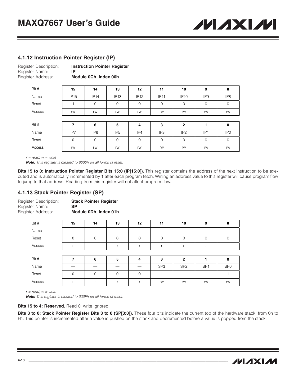 12 instruction pointer r, 13 stack pointer registe, 12 instruction pointer register (ip) -13 | 13 stack pointer register (sp) -13, Maxq7667 user’s guide, 12 instruction pointer register (ip), 13 stack pointer register (sp) | Maxim Integrated MAXQ7667 User Manual | Page 57 / 347