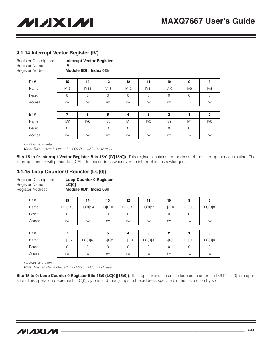 14 interrupt vector regi, 15 loop counter 0 regist, 14 interrupt vector register (iv) -14 | 15 loop counter 0 register (lc[0]) -14, Maxq7667 user’s guide, 14 interrupt vector register (iv), 15 loop counter 0 register (lc[0]) | Maxim Integrated MAXQ7667 User Manual | Page 58 / 347