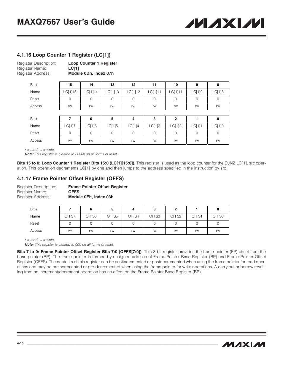 16 loop counter 1 regist, 17 frame pointer offset, 16 loop counter 1 register (lc[1]) -15 | 17 frame pointer offset register (offs) -15, Maxq7667 user’s guide, 16 loop counter 1 register (lc[1]), 17 frame pointer offset register (offs) | Maxim Integrated MAXQ7667 User Manual | Page 59 / 347