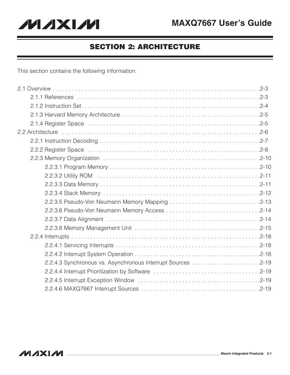 Section 2: architecture, Section 2: architecture -1, Maxq7667 user’s guide | Maxim Integrated MAXQ7667 User Manual | Page 6 / 347