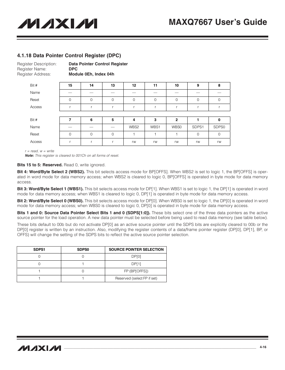 18 data pointer control, 18 data pointer control register (dpc) -16, Maxq7667 user’s guide | 18 data pointer control register (dpc) | Maxim Integrated MAXQ7667 User Manual | Page 60 / 347