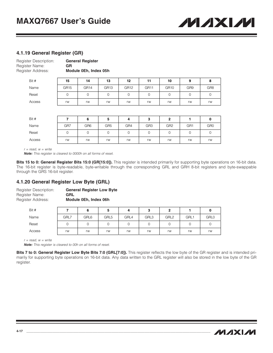 19 general register (gr), 20 general register low, 19 general register (gr) -17 | 20 general register low byte (grl) -17, Maxq7667 user’s guide, 20 general register low byte (grl) | Maxim Integrated MAXQ7667 User Manual | Page 61 / 347