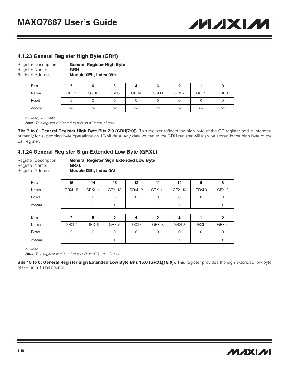 23 general register high, 24 general register sign, 23 general register high byte (grh) -19 | Maxq7667 user’s guide, 23 general register high byte (grh), 24 general register sign extended low byte (grxl) | Maxim Integrated MAXQ7667 User Manual | Page 63 / 347