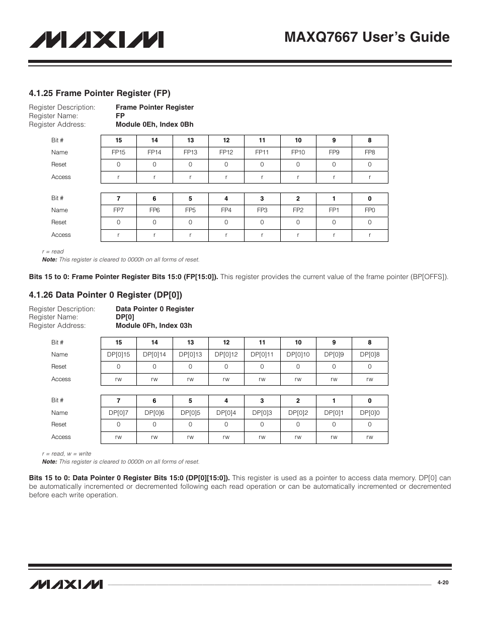25 frame pointer registe, 26 data pointer 0 regist, 25 frame pointer register (fp) -20 | 26 data pointer 0 register (dp[0]) -20, Maxq7667 user’s guide, 25 frame pointer register (fp), 26 data pointer 0 register (dp[0]) | Maxim Integrated MAXQ7667 User Manual | Page 64 / 347